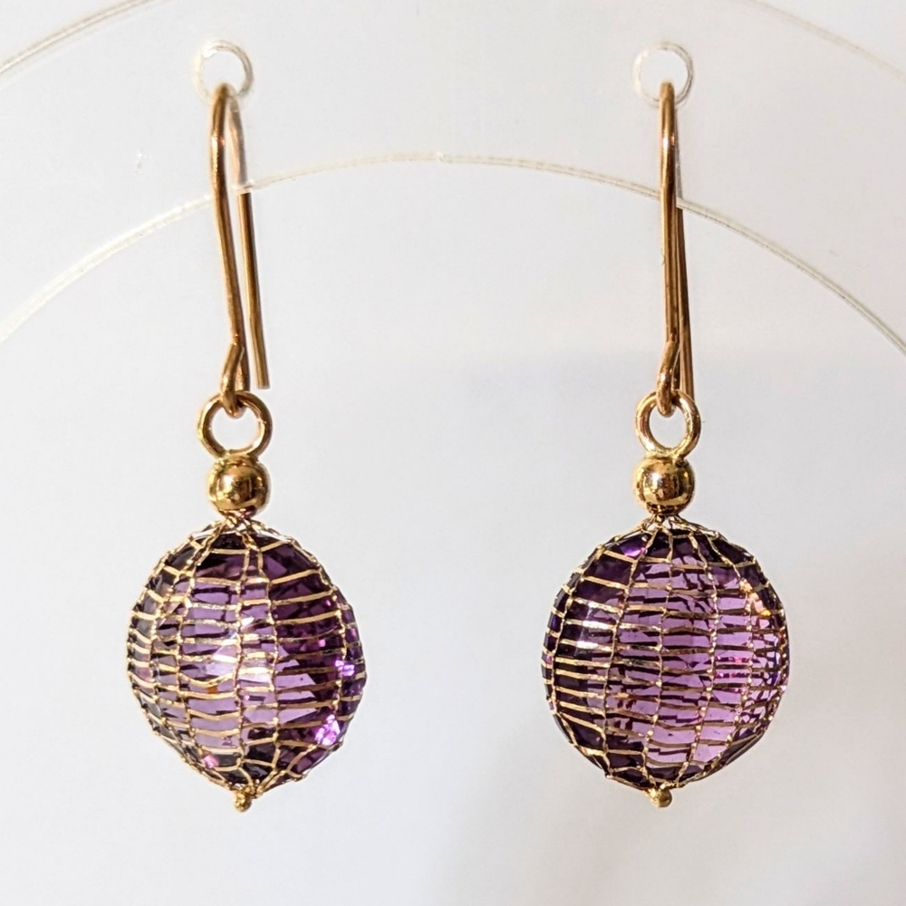 14k Solid Yellow Gold Round Amethyst Drop Spiderweb Design Dangle Hook Earrings